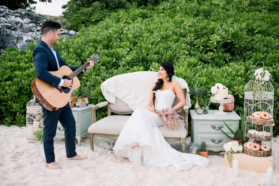 Cayman Island Beach Wedding Groom Playing Guitar