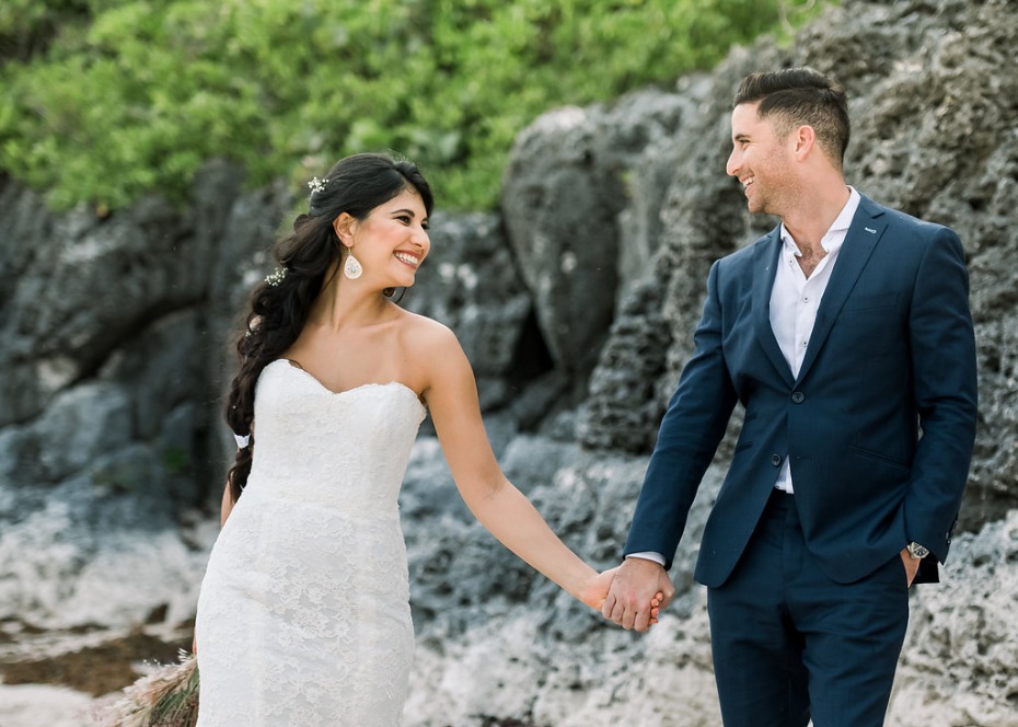 Cayman Island Beach Wedding Bride and Groom Walking on Beach