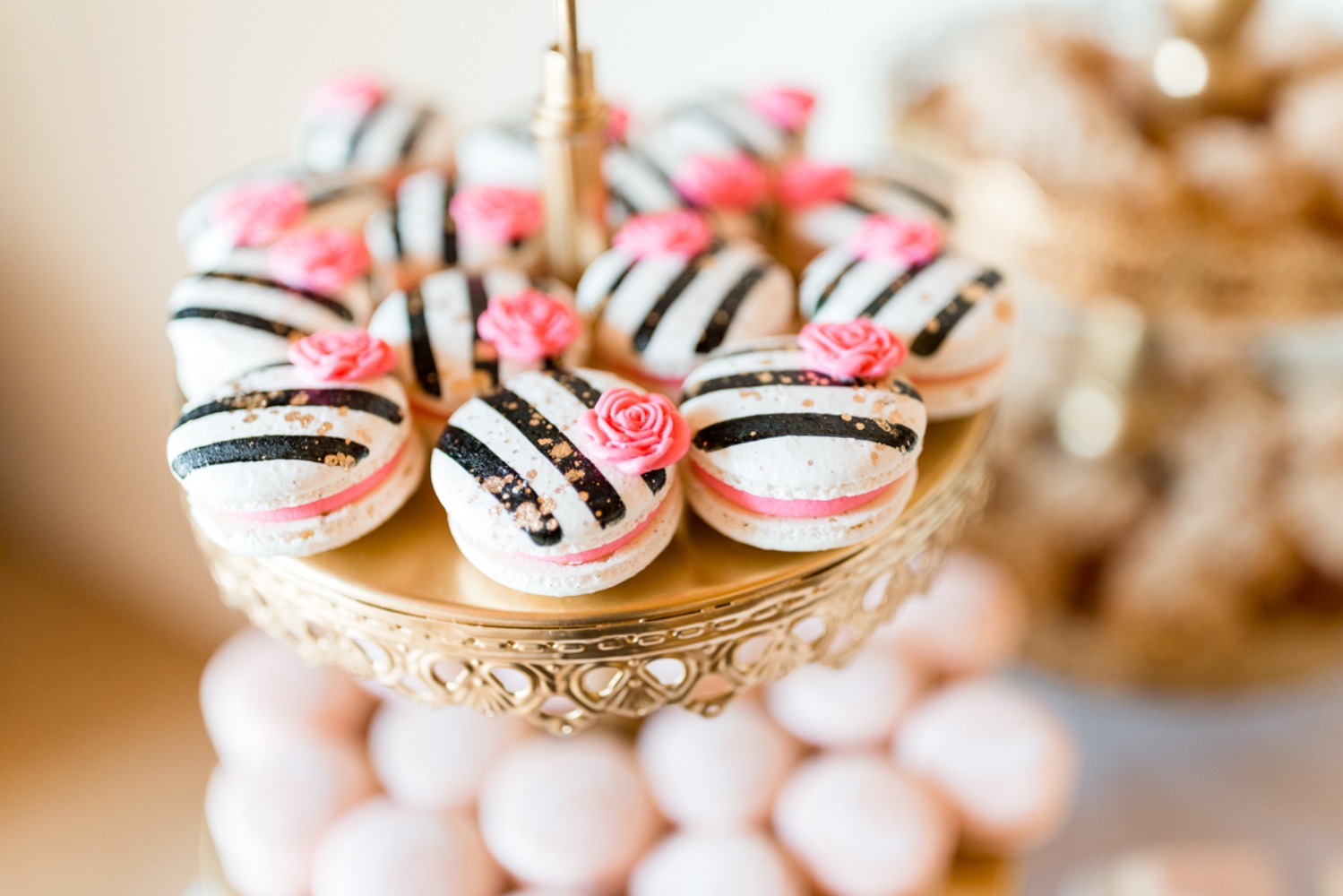 black white and pink macarons