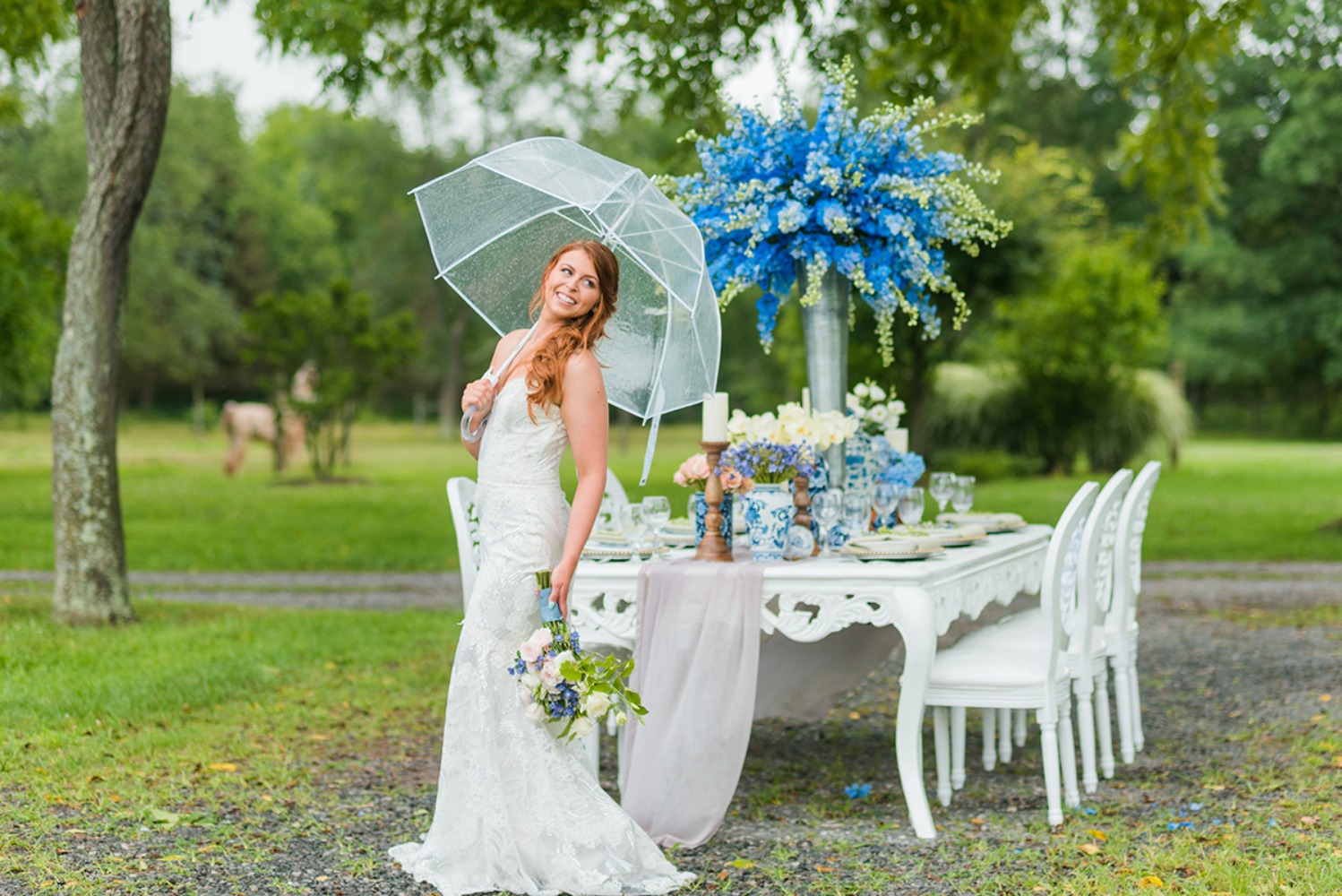 blue and white wedding reception