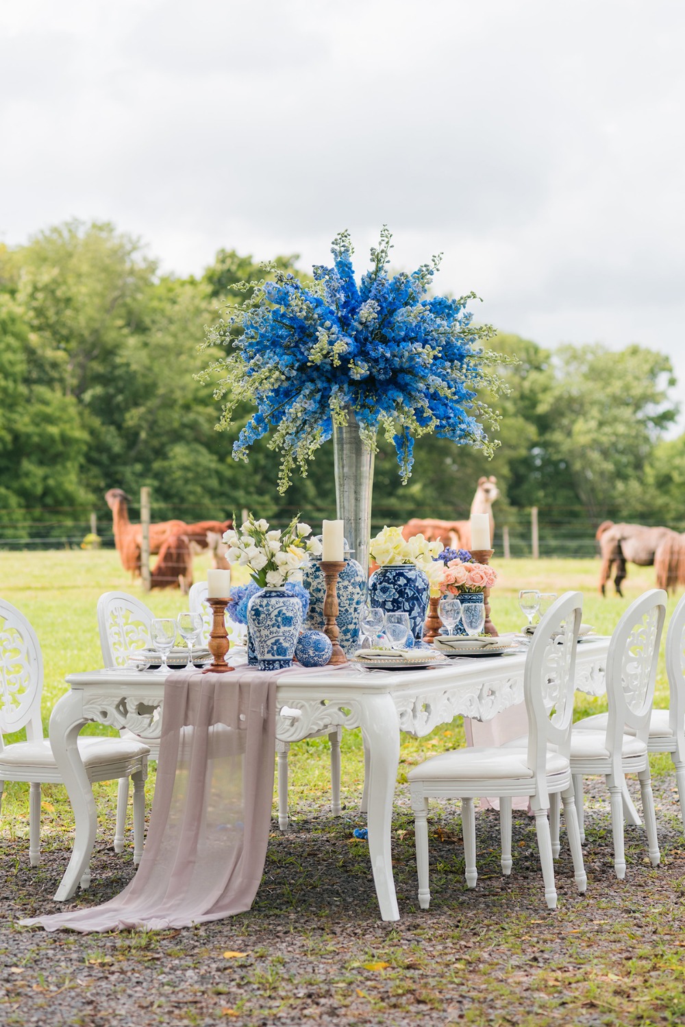blue and white outdoor wedding reception