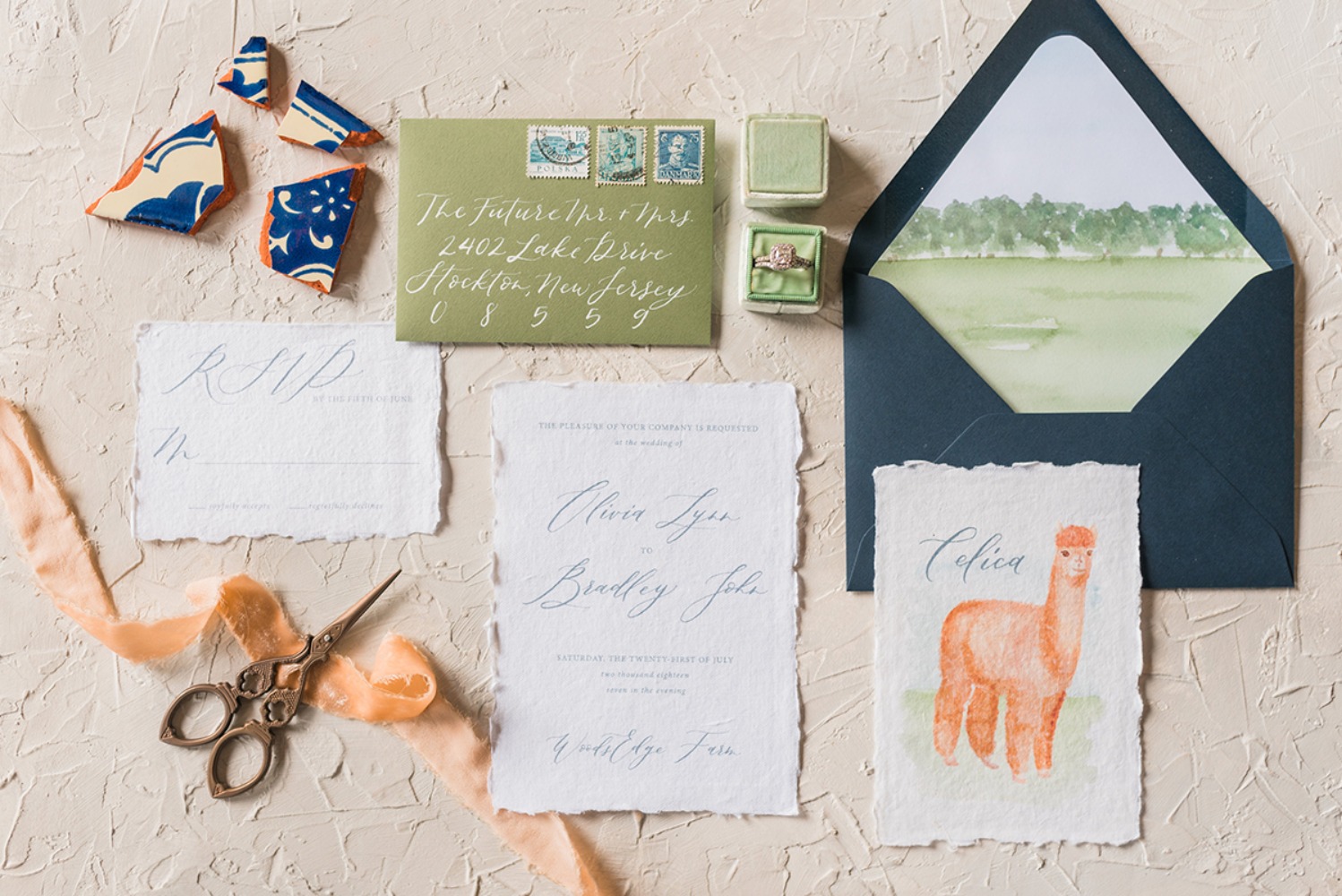 sweet calligraphy and llama inspired wedding invitation