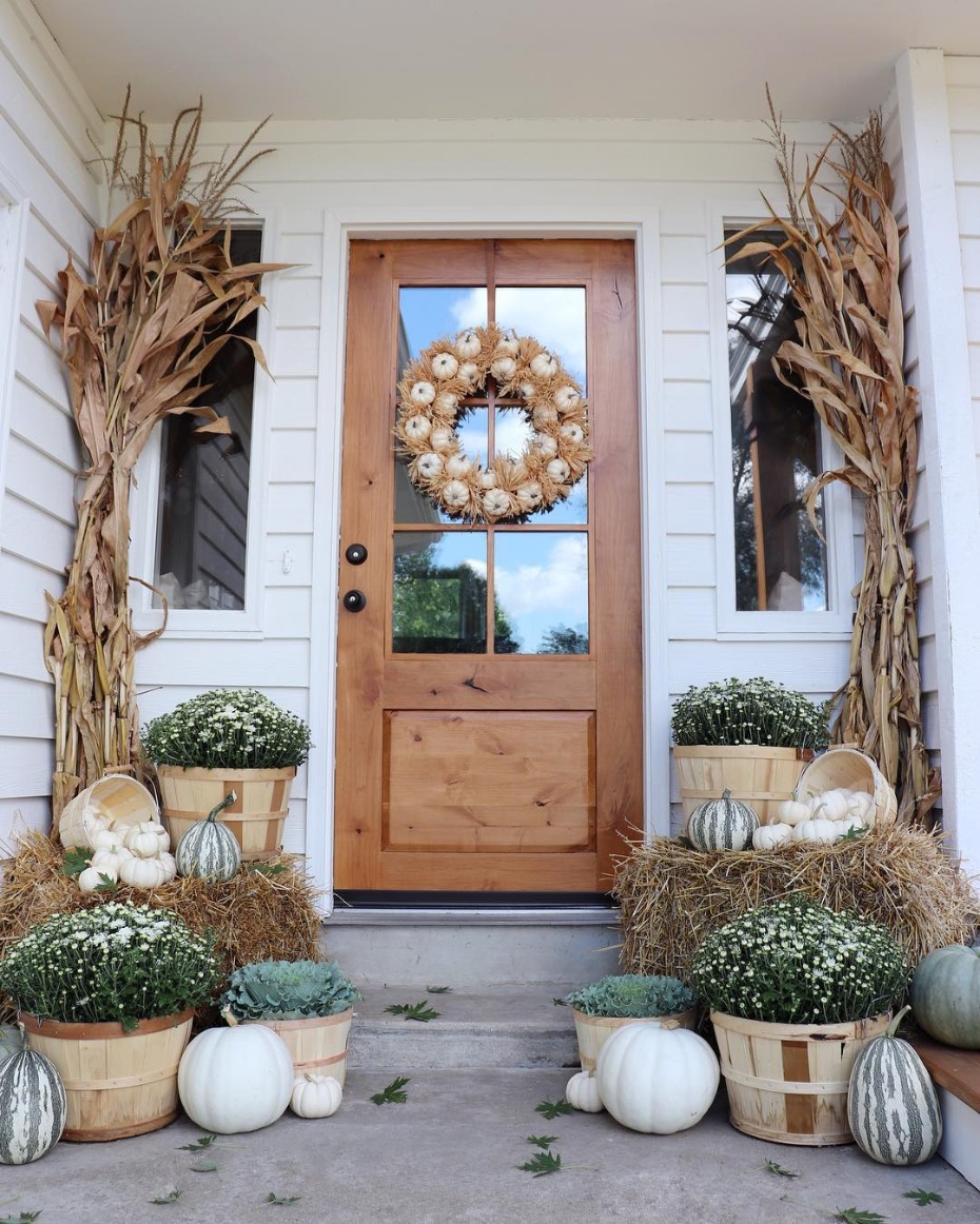 Autumn porch with white pumpkin wreath