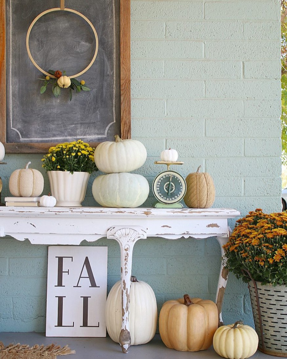 Autumn porch with vintage details and hoop wreath