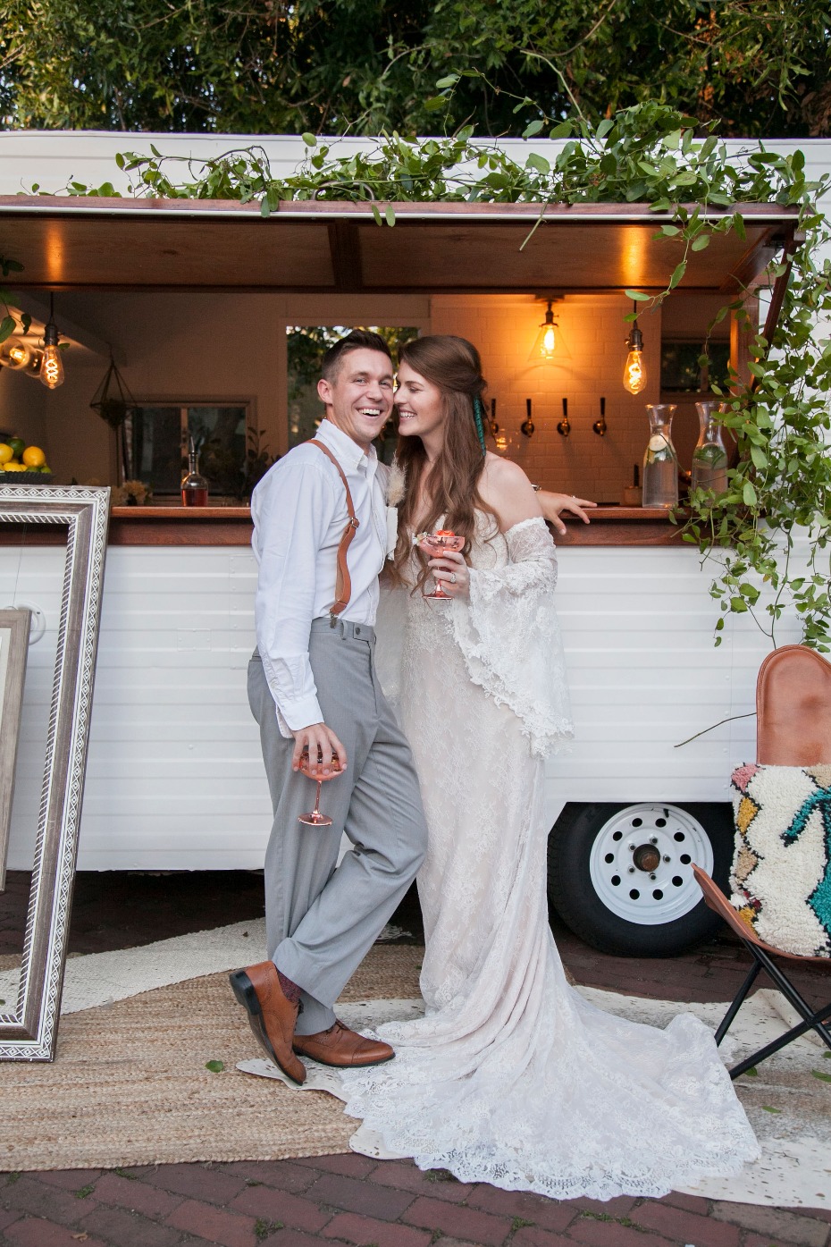 Boho wedding styled shoot vintage caravan bar