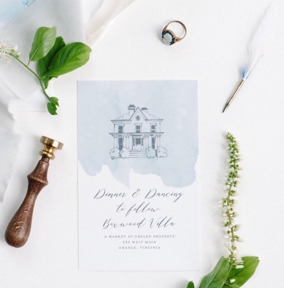 Boxwood Villa wedding invitation suite with watercolor house