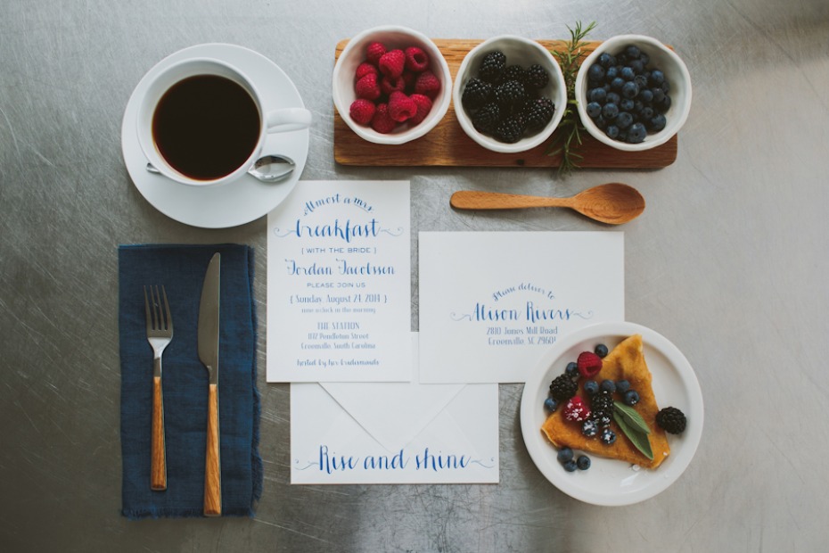 Brunch breakfast wedding invite and fresh berries with crepe