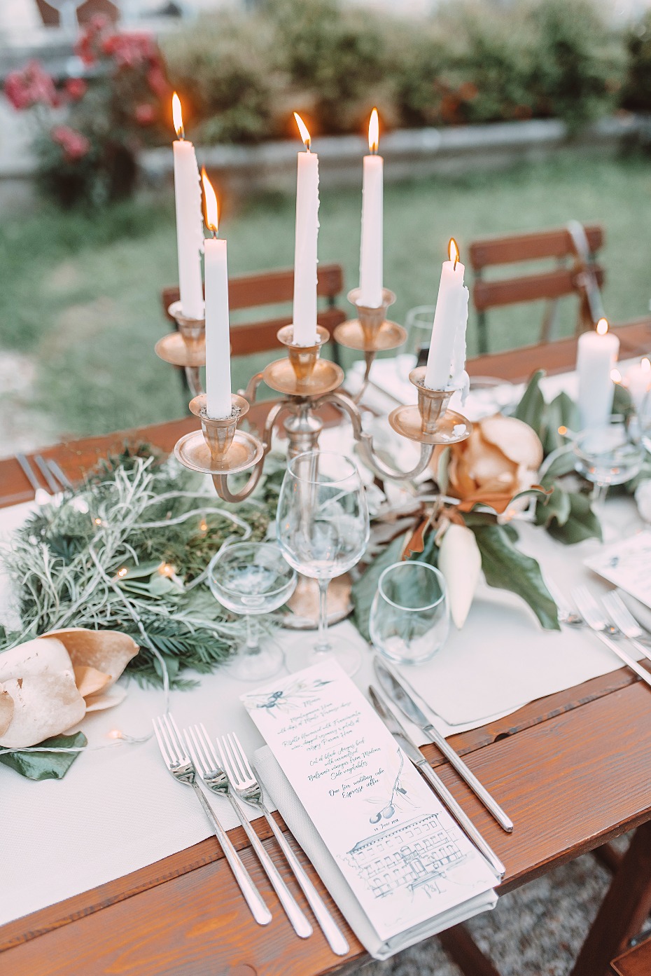 candle light dinner in stylish wedding guests in black and white