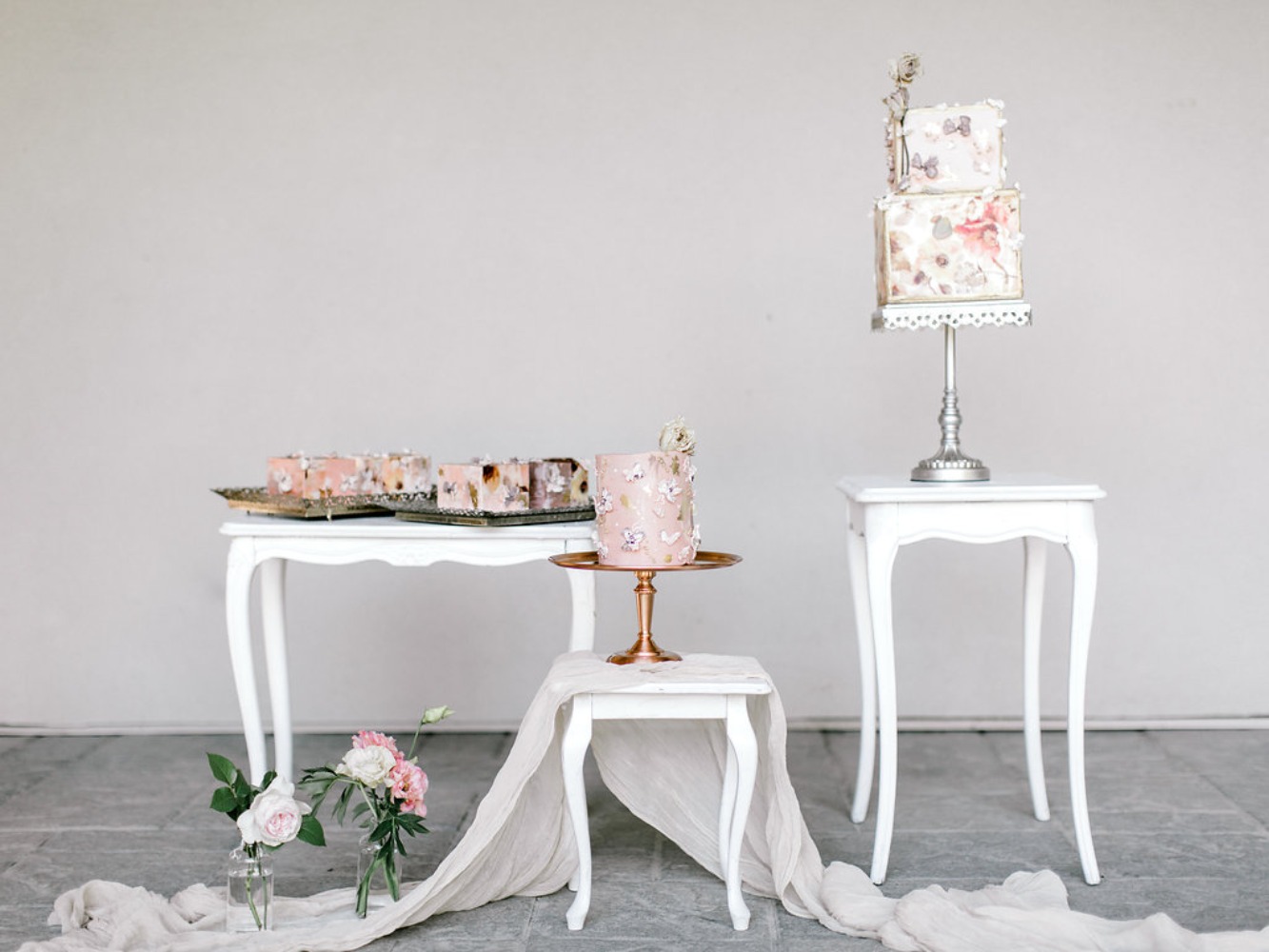 soft blush and modern wedding cake tables