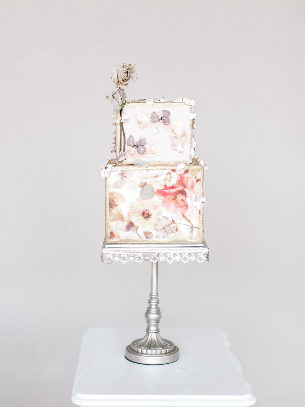 modern square floral wedding cake