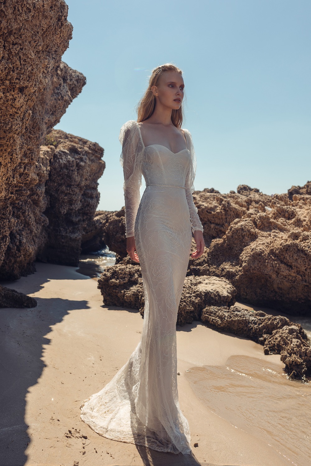 slinky gown with dramatic puffed sleeves by Lilium