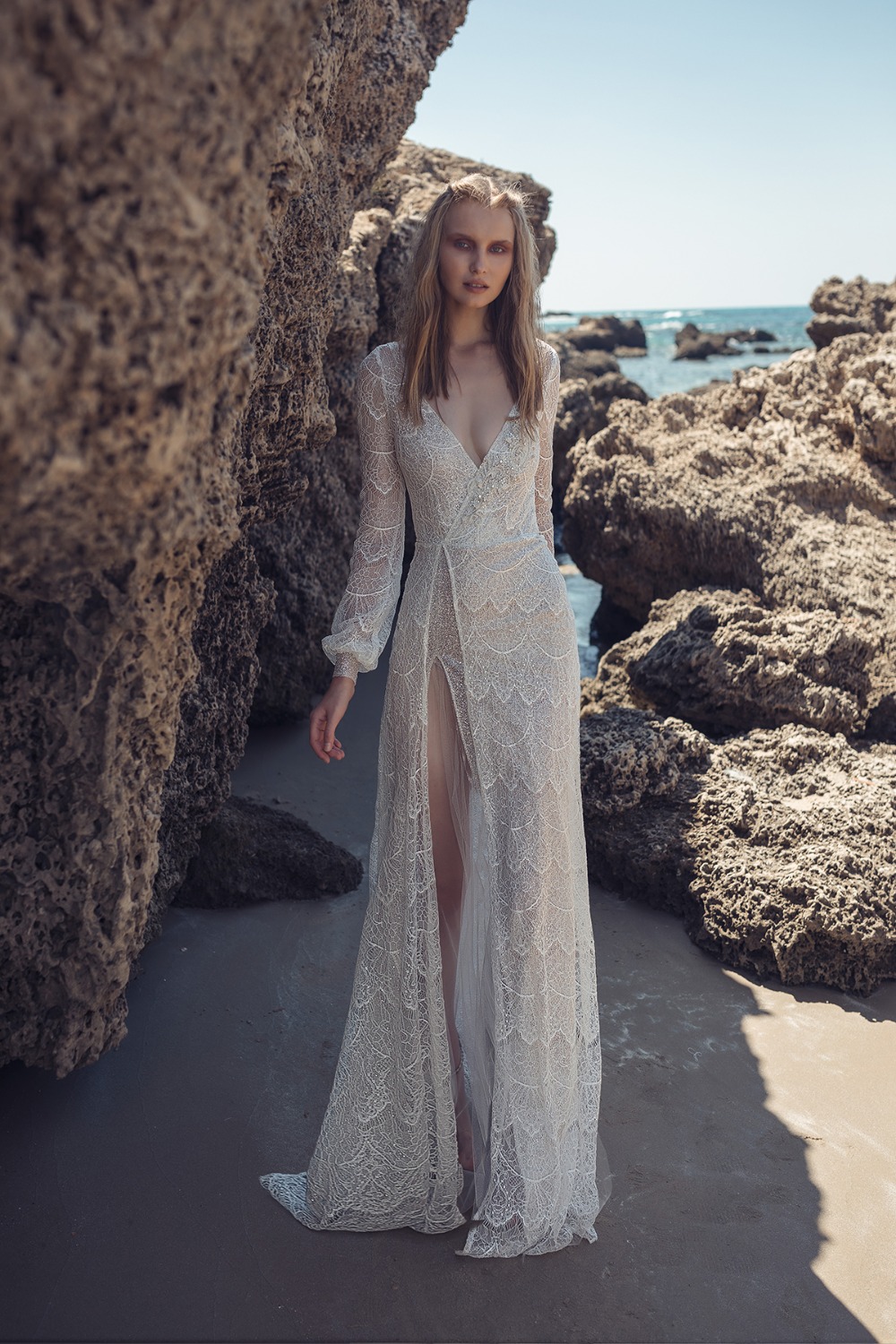 slinky lace and beaded full sleeve gown by Lilium