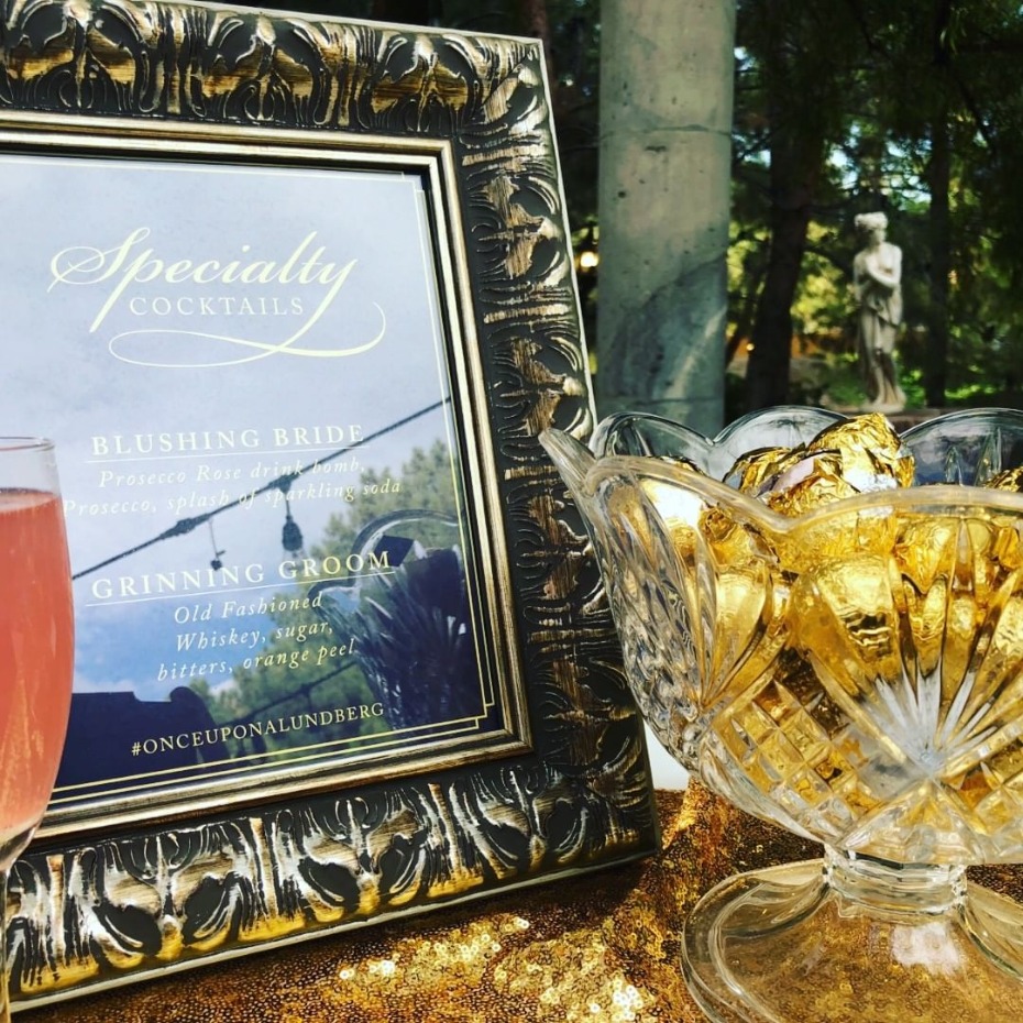 Specialty wedding cocktails menu Blushing Bride Grinning Groom
