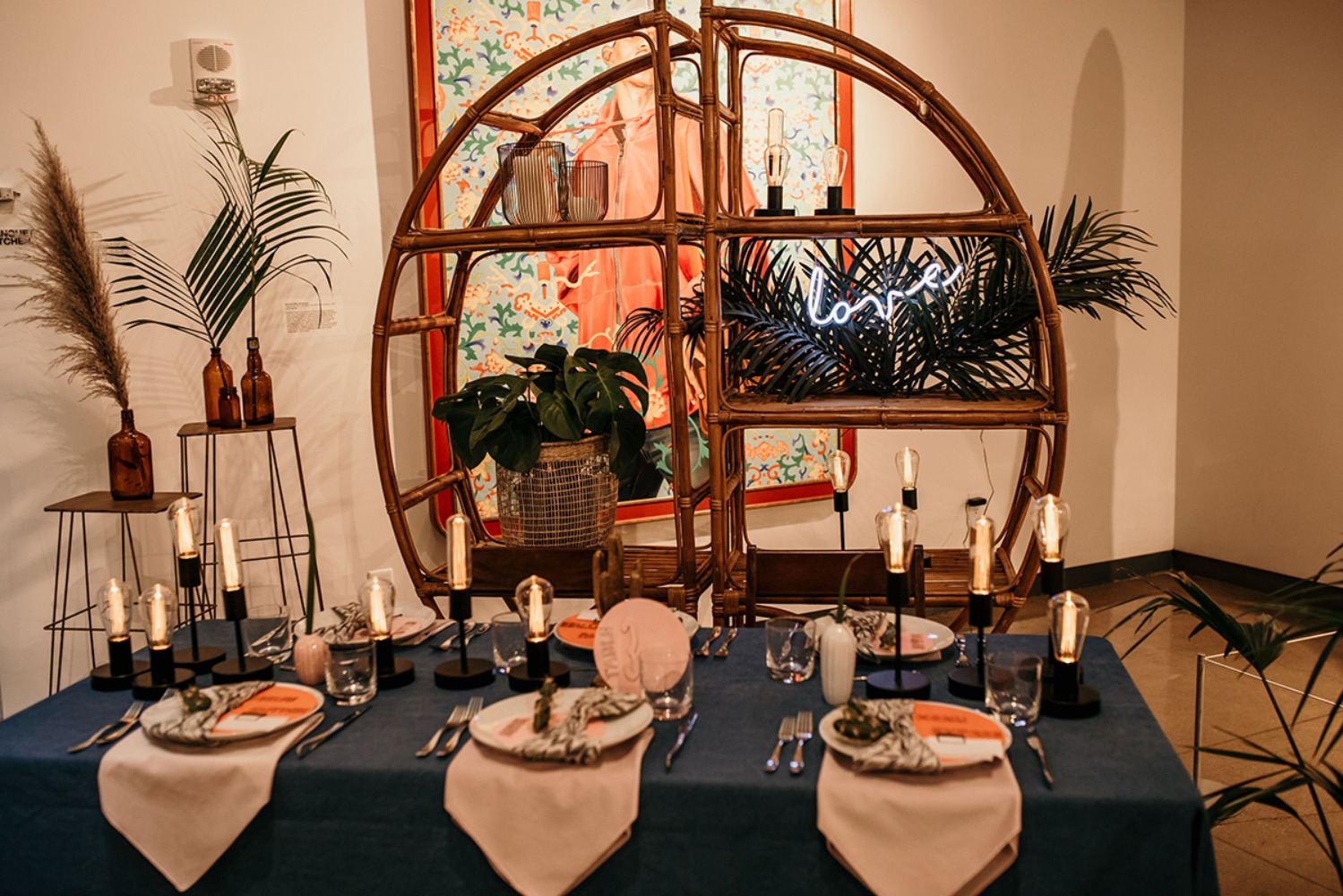 modern tropical themed wedding table