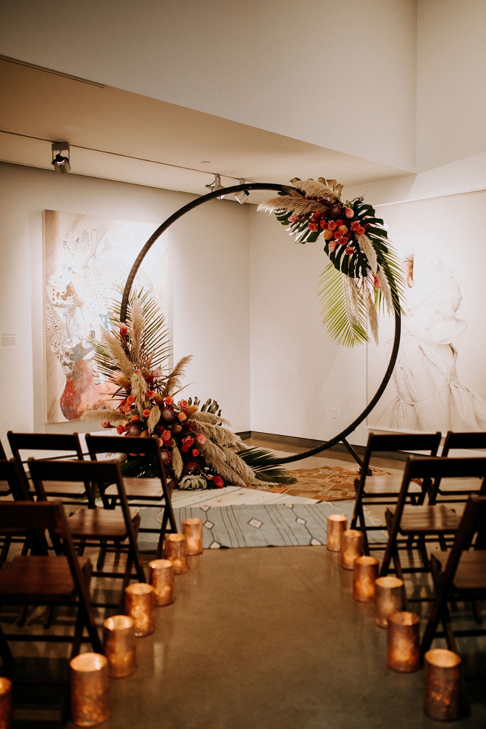 modern tropical themed wedding ceremony decor