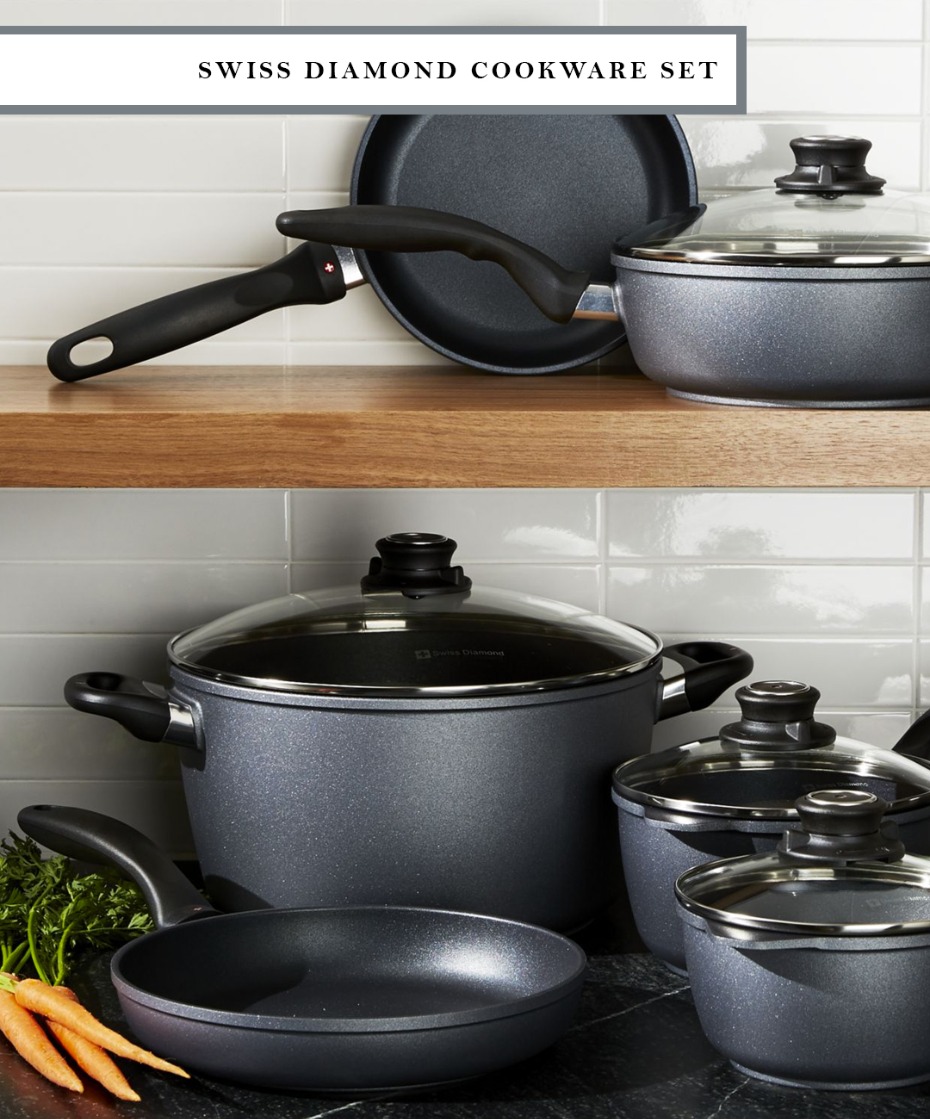 Swiss Diamond black cookware set where no oil is required for cooking