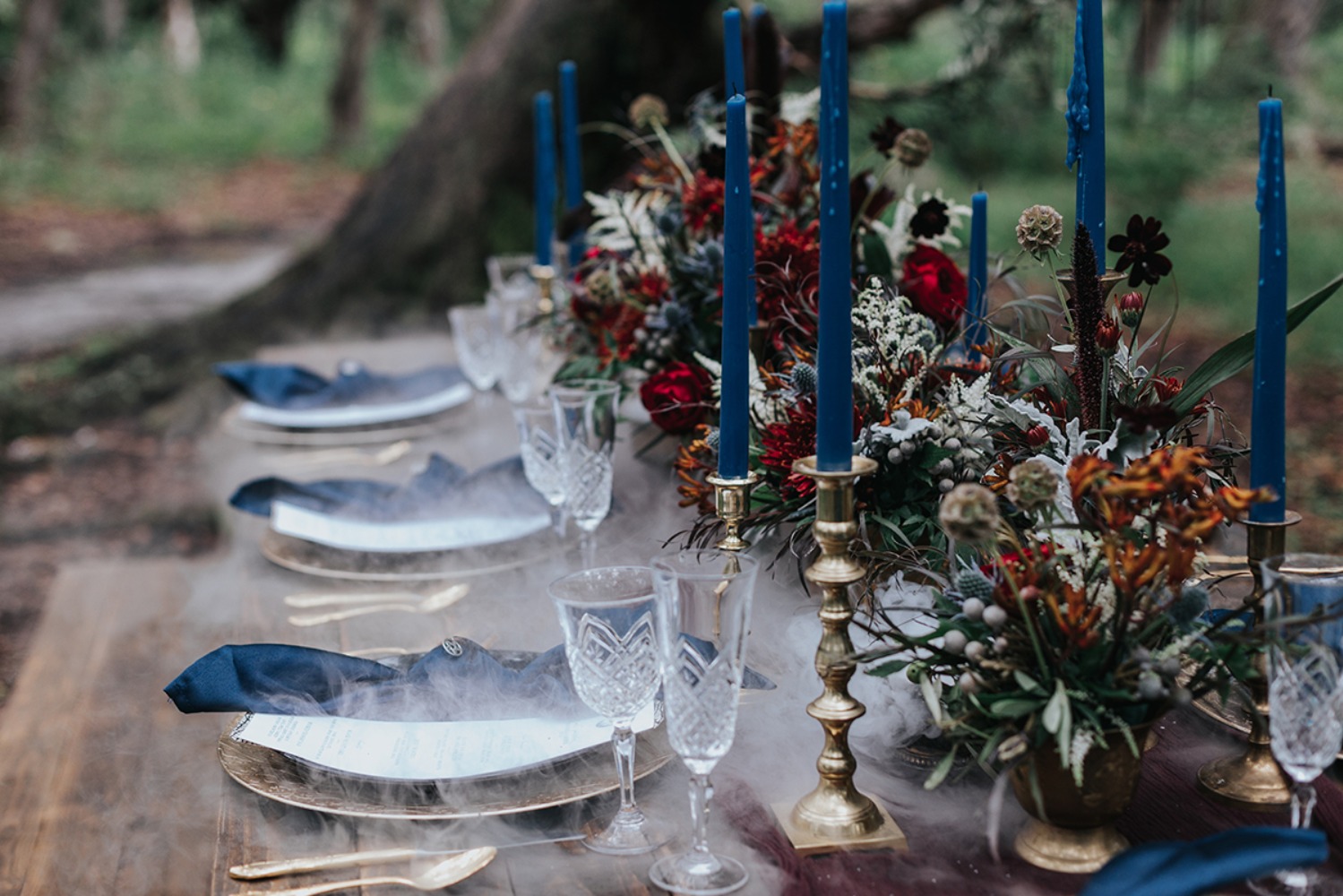 gold blue and fall inspired wedding table