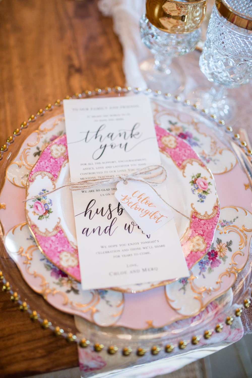 mismatched wedding china and thank you note