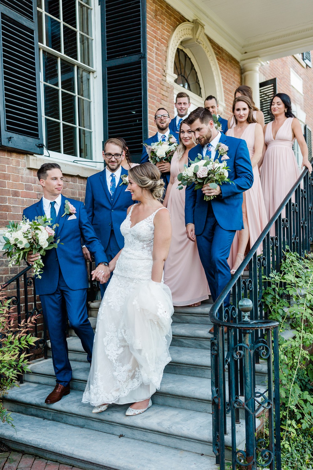 wedding party in blush and royal blue