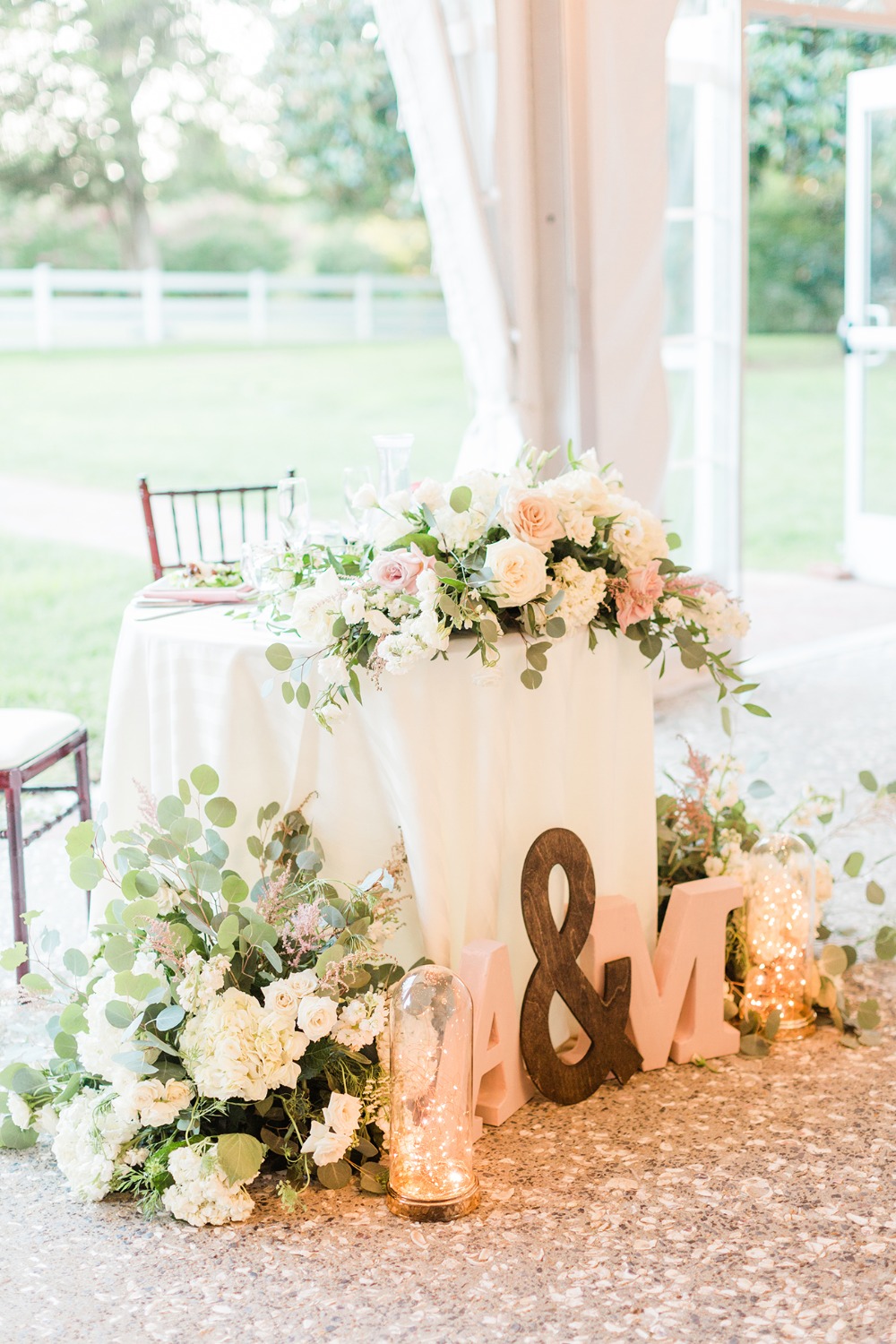 romantic blush and white sweetheart table
