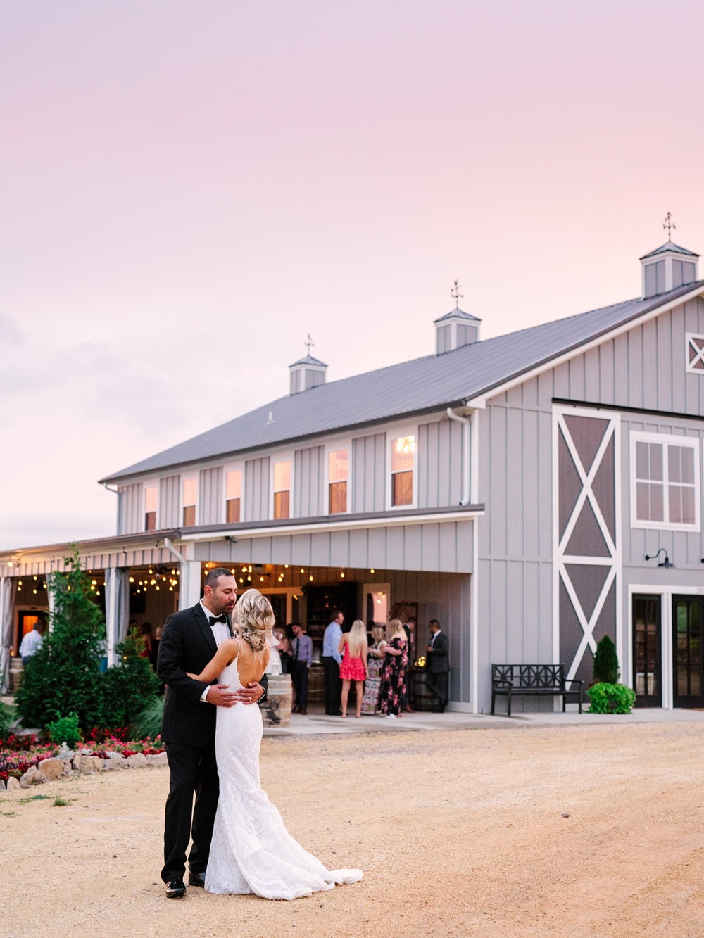 elegant barn wedding day at sunset