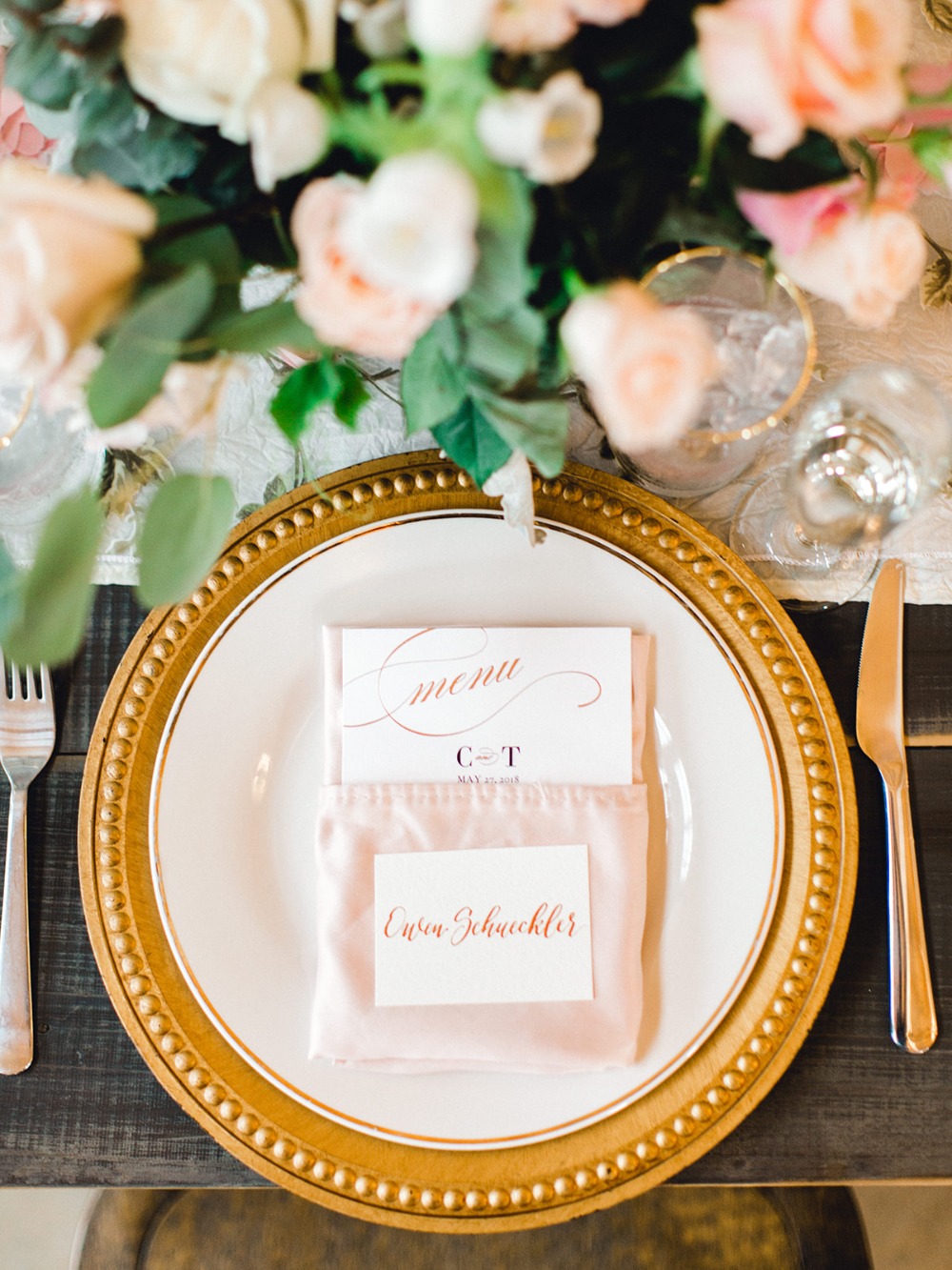 gold and pink wedding place setting