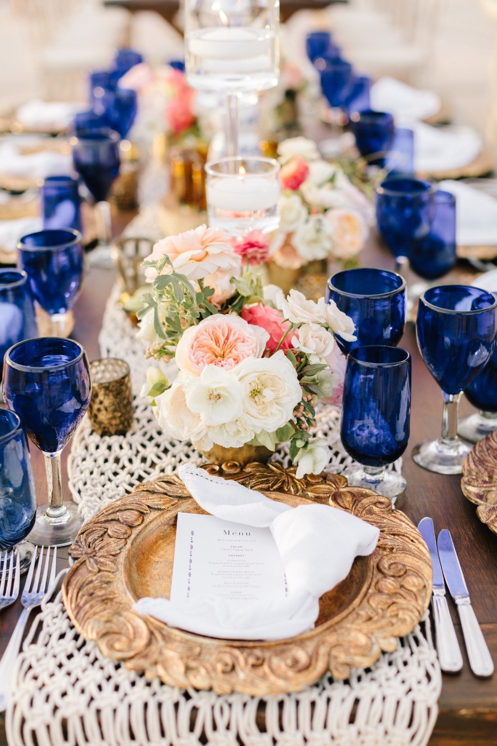blue gold and blush boho chic wedding table idea