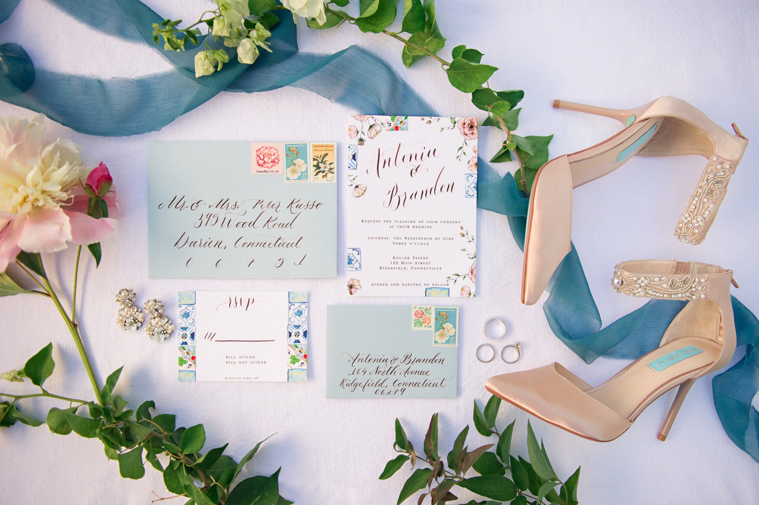 wedding invitation suite with Italian tile theme