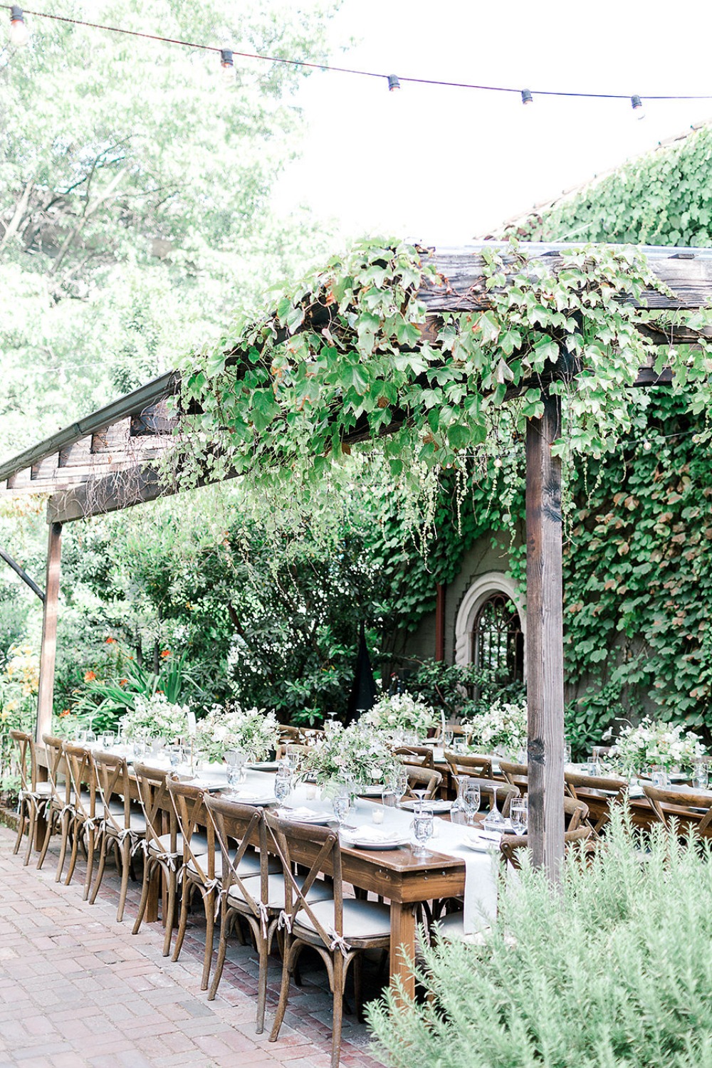 Outdoor wedding reception with ivy covered pergola