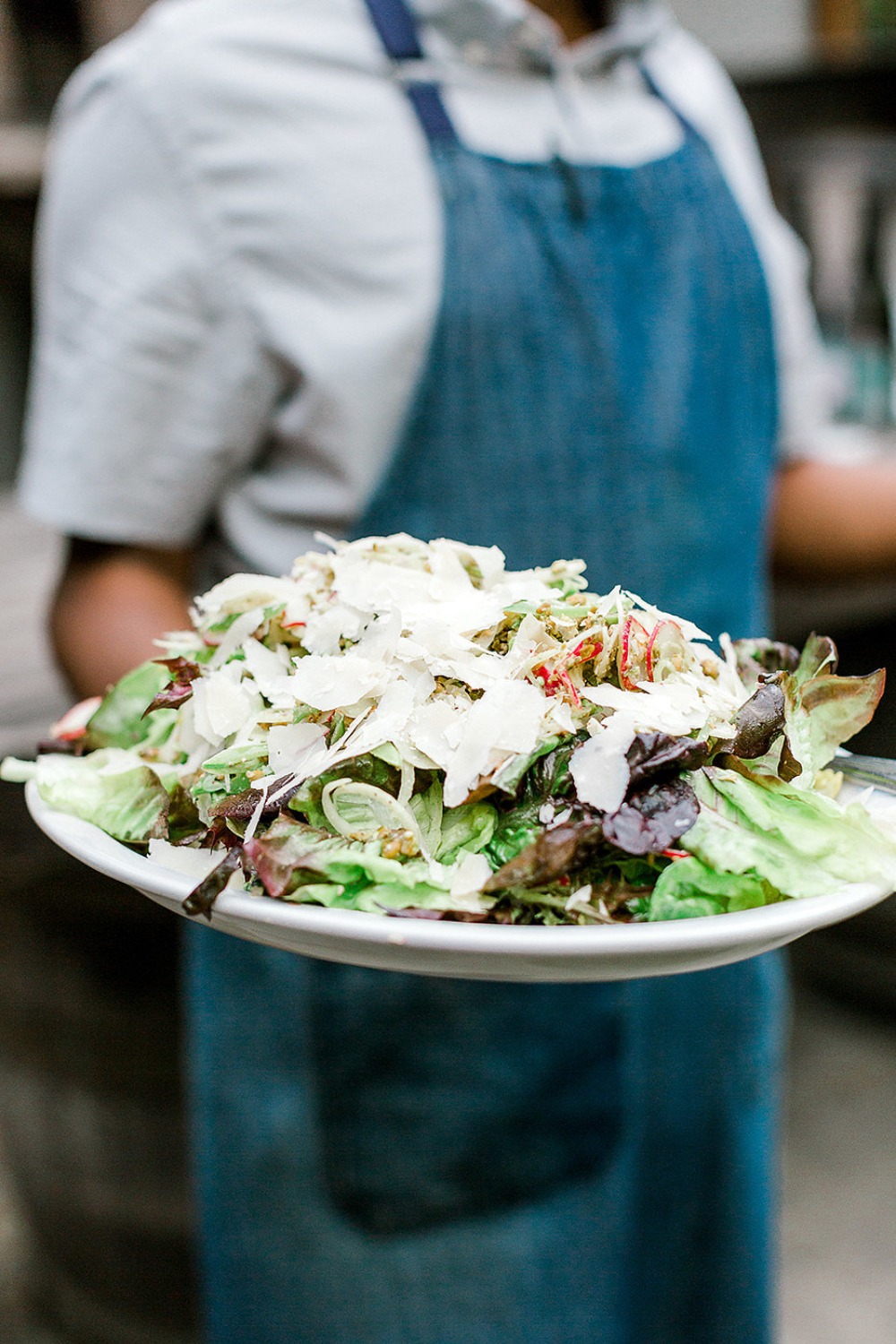 Chef holds salad with shaved cheese topping closeup