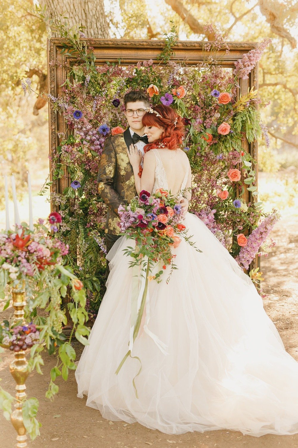 Floral Fairytale Shoot at Heavenly Oaks Flower Farm Groom Embracing Bride