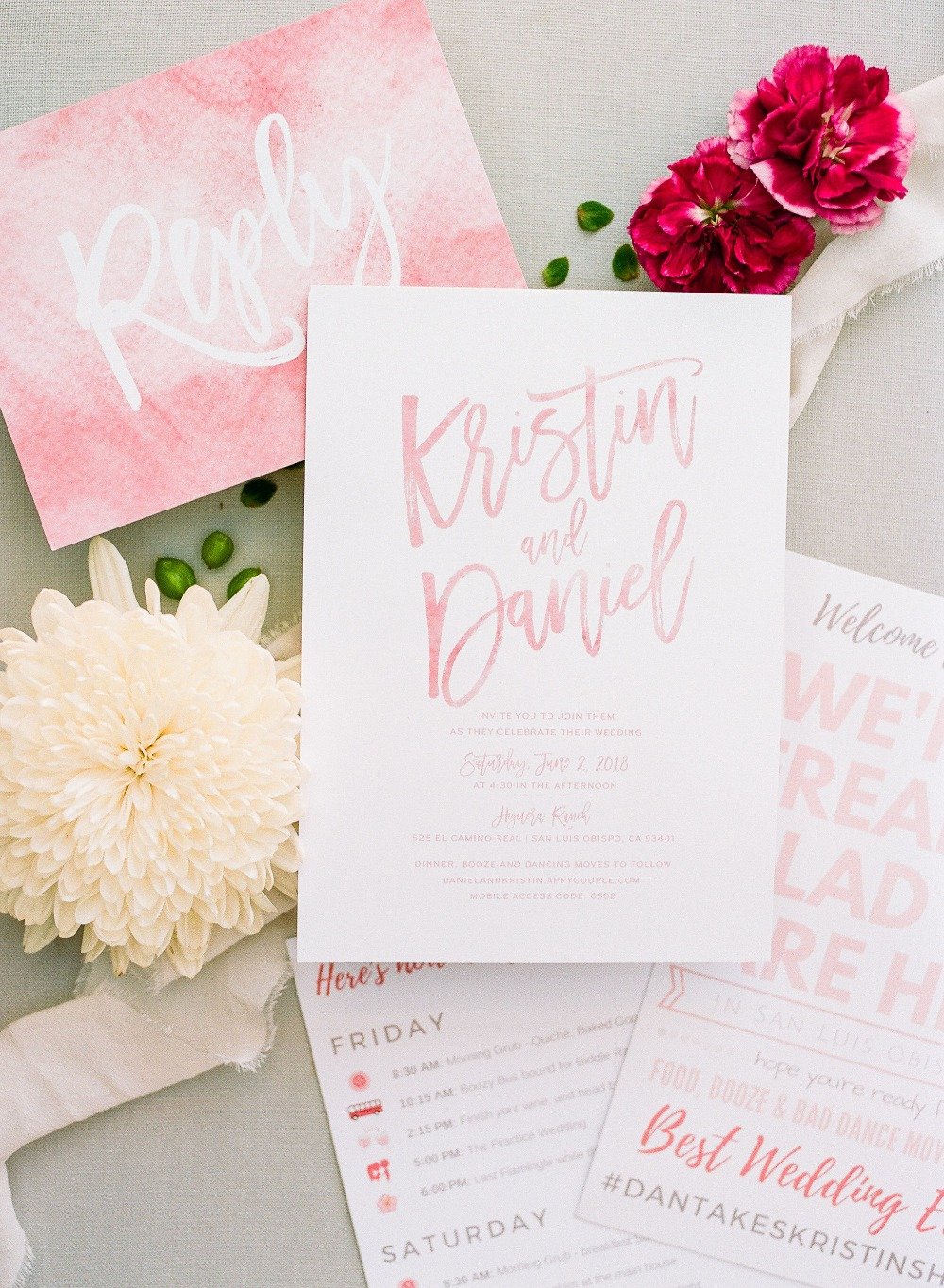 pink and watercolor wedding invitations