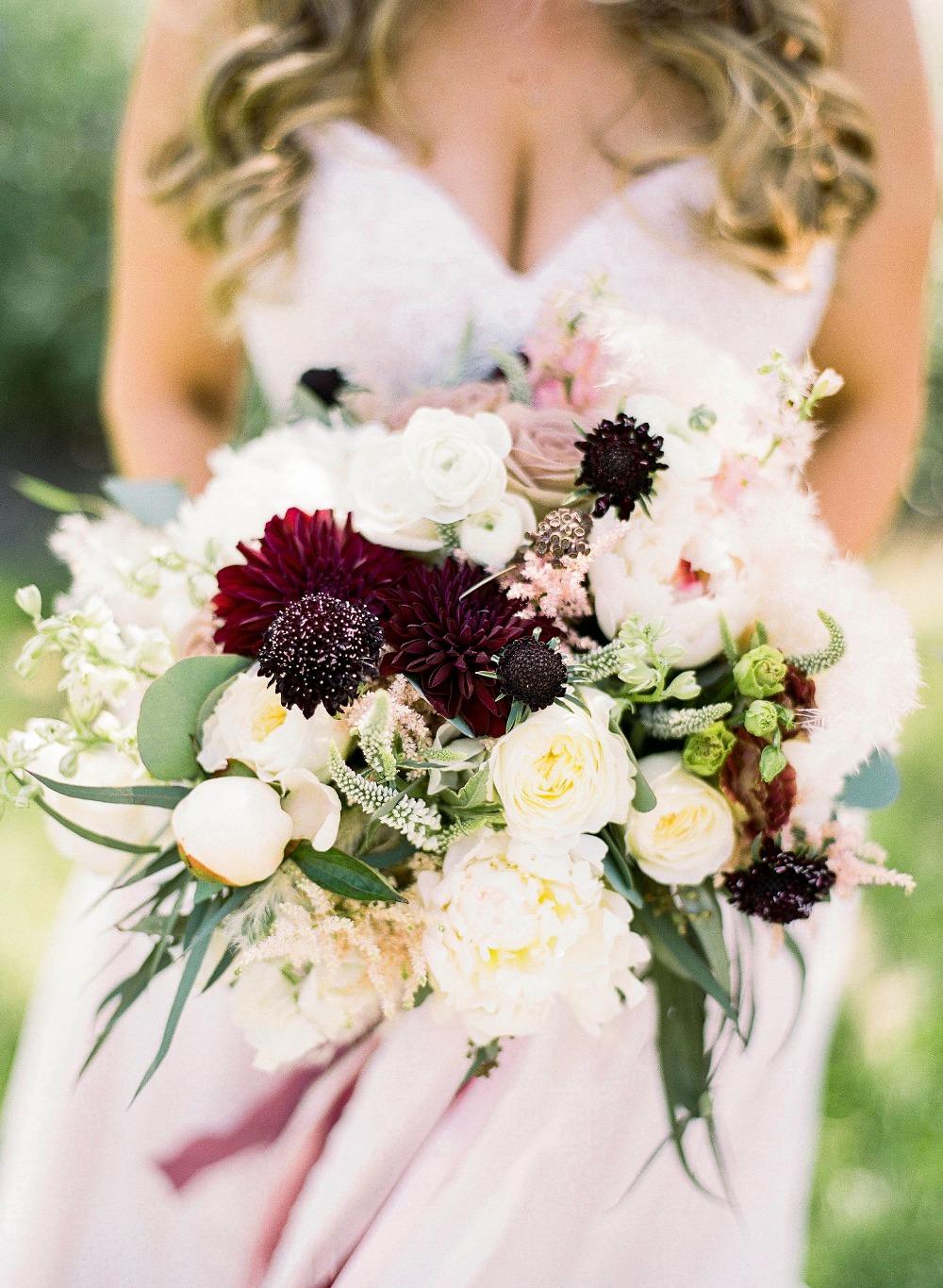 white and burgundy wedding bouquet 