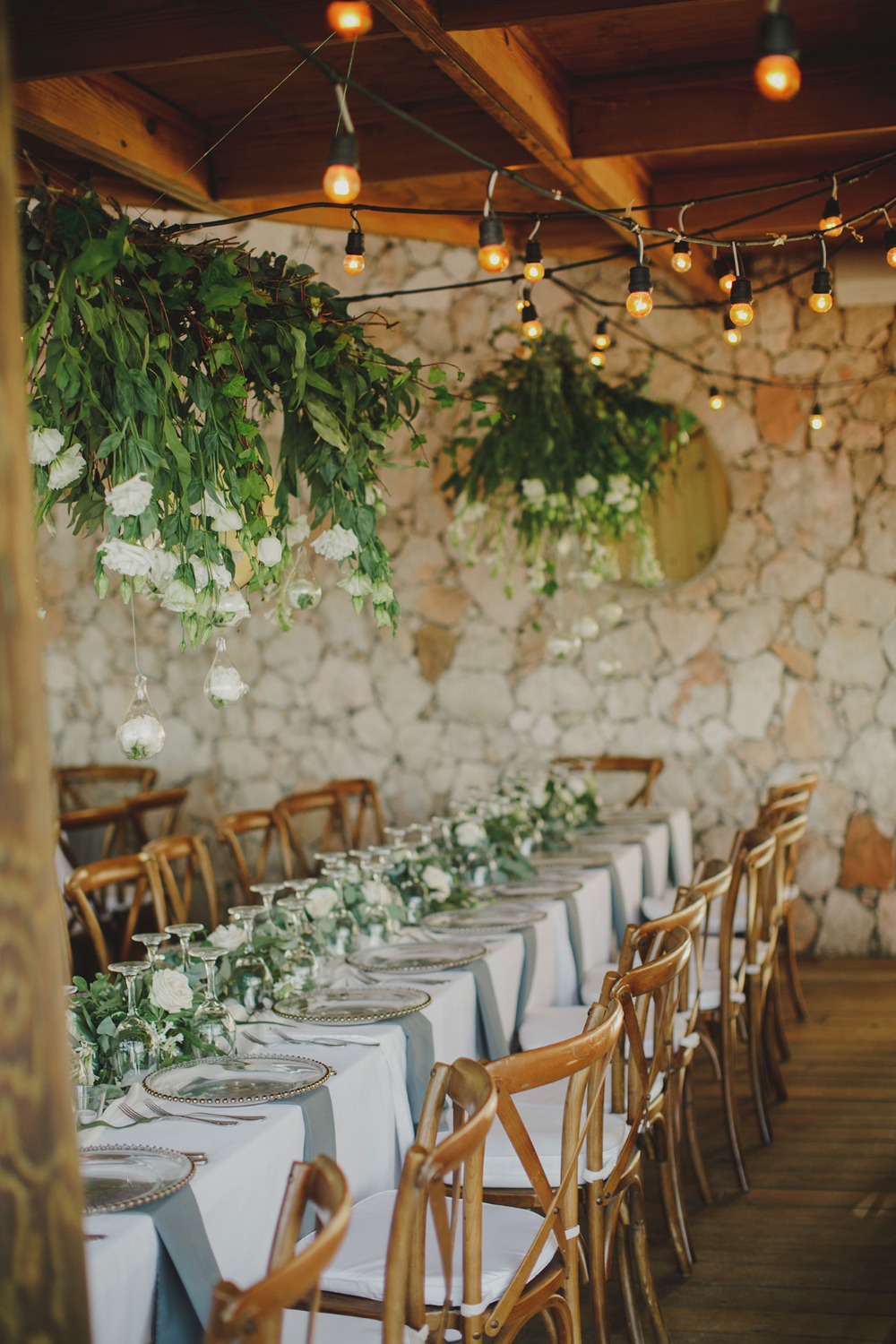 white and green rustic yet glam able reception