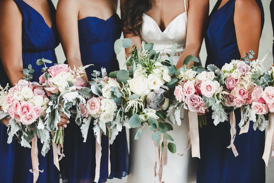 Jewel tone sapphire wedding with blush and cream velvet wrapped bouquets
