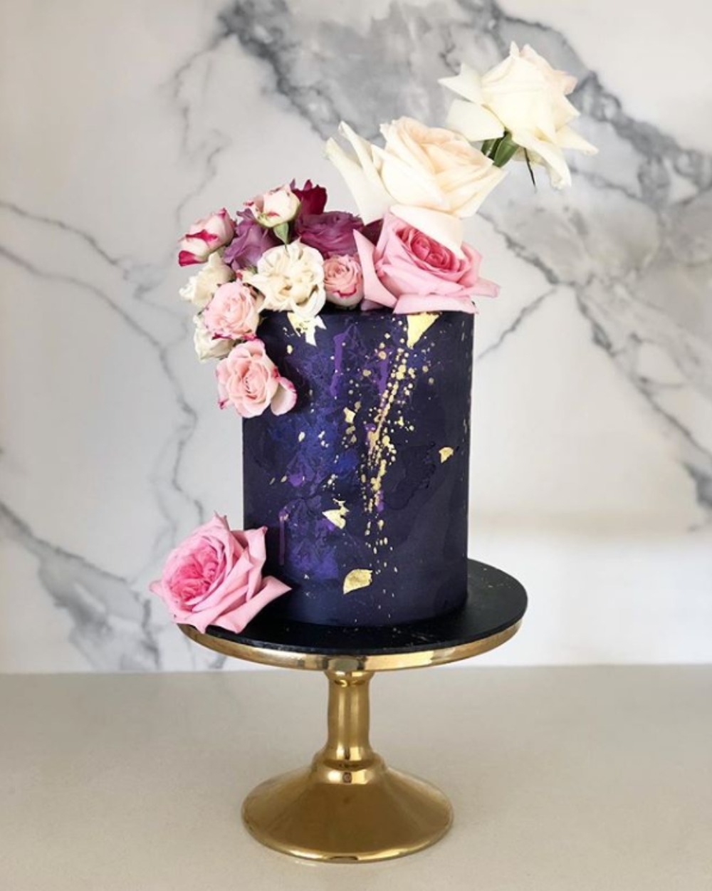 purple and gold cake by Blonde Baking Mama