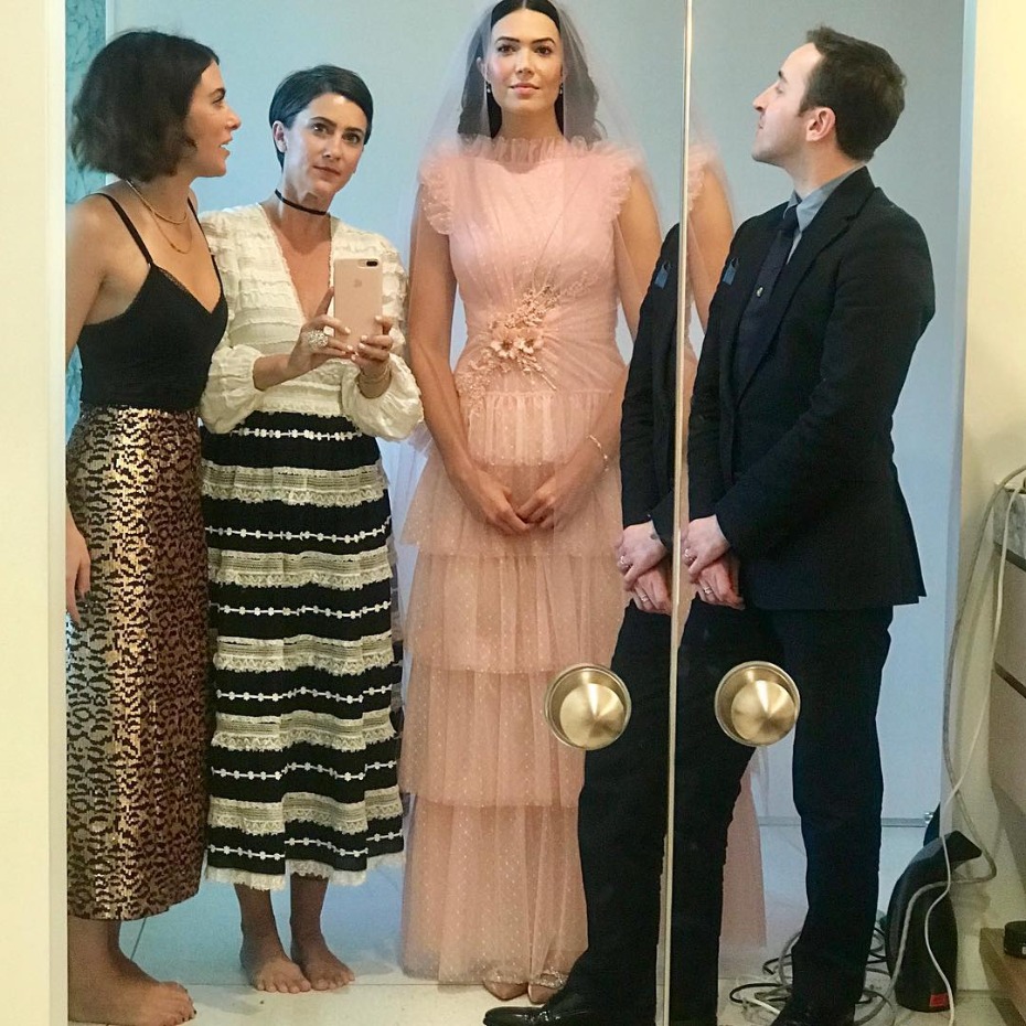 Mandy Moore Wearing Custom Rodarte on Wedding Day with Friends