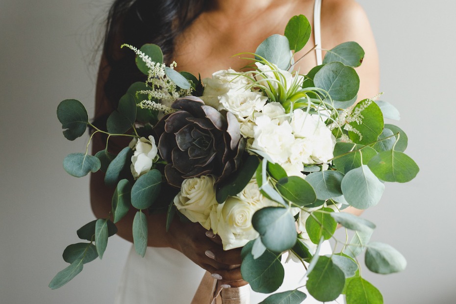 Industrial boho wedding look and succulent bouquet
