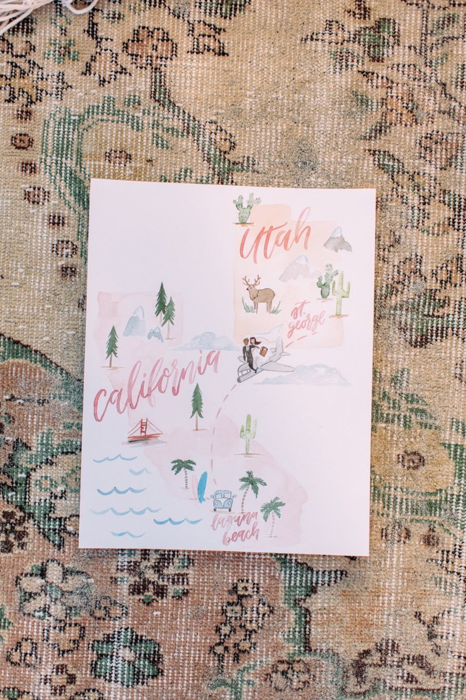 California and Utah watercolor destination maps art