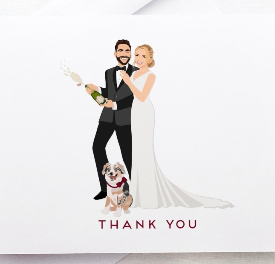 Custom wedding thank you card with bride groom and dog