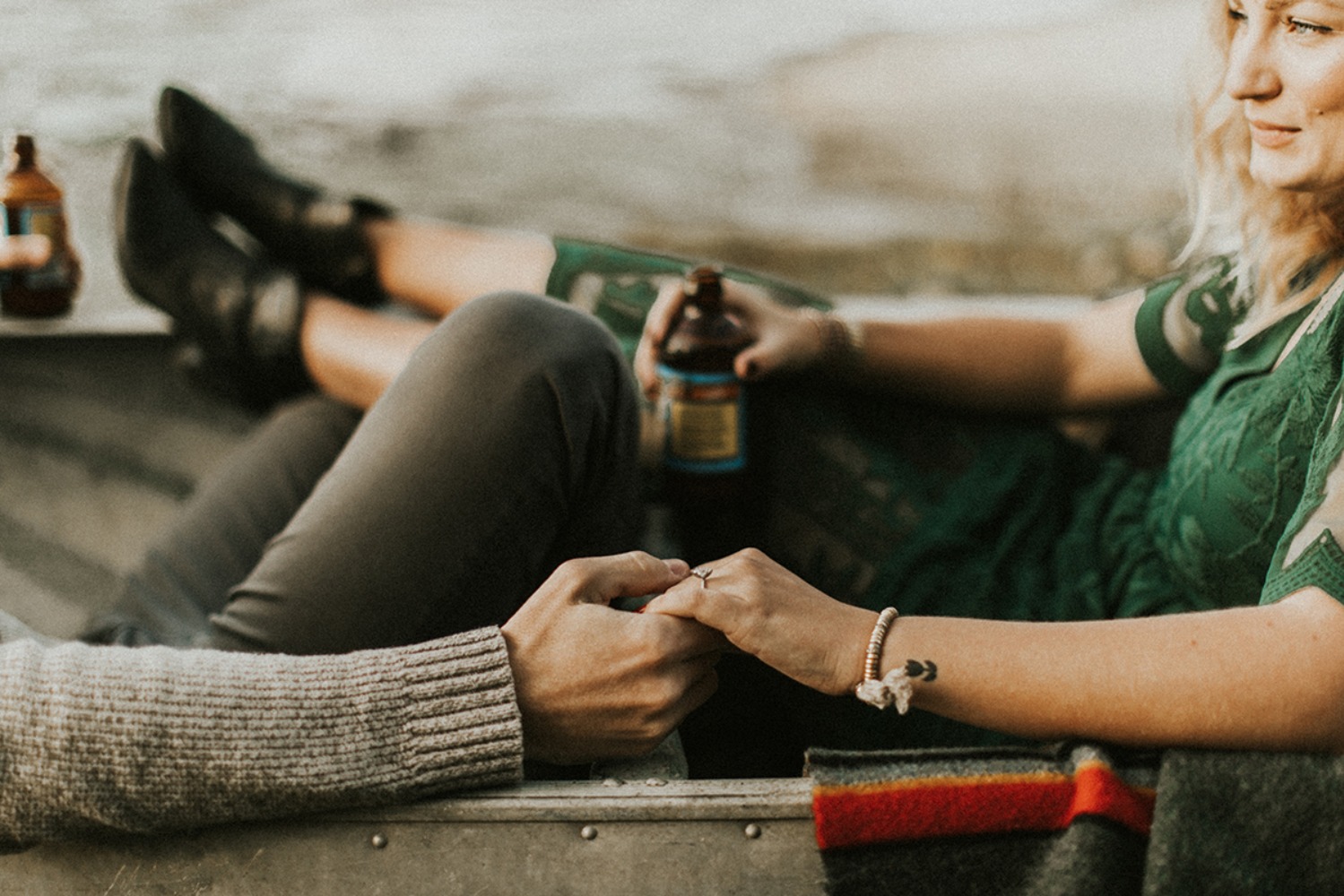 Couple holding hands boat relax romantic outdoor scene
