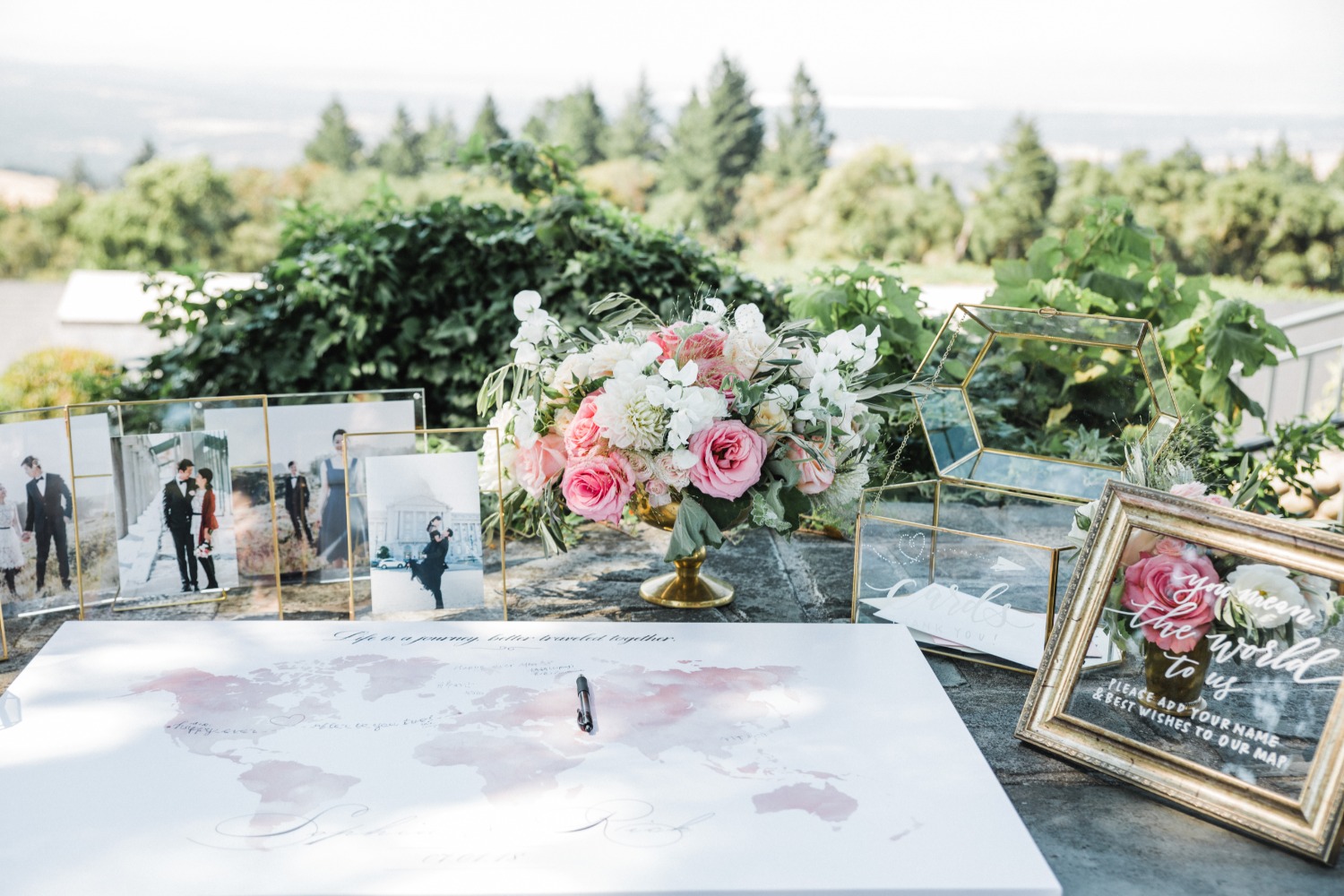wedding welcome table and guest book world map