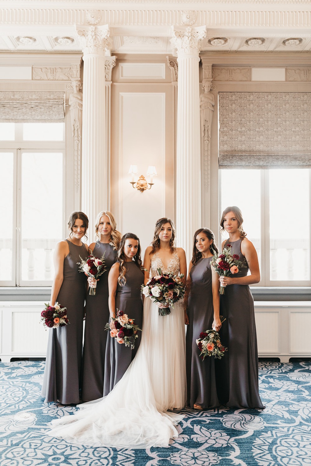 bridesmaids in grey dresses