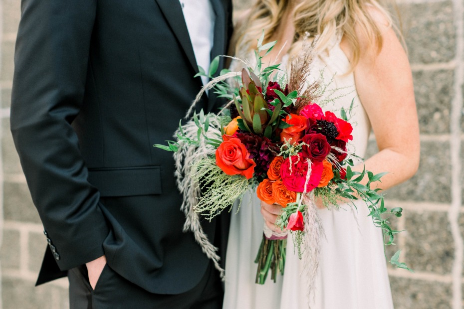 Gantry Loft Long Island City Wedding Bride Holding Bold Red Bouquet