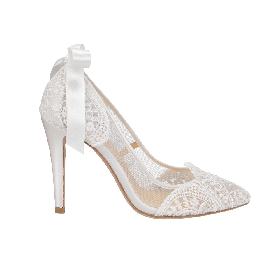 Elegant white lace high heel shoe with ribbon detail