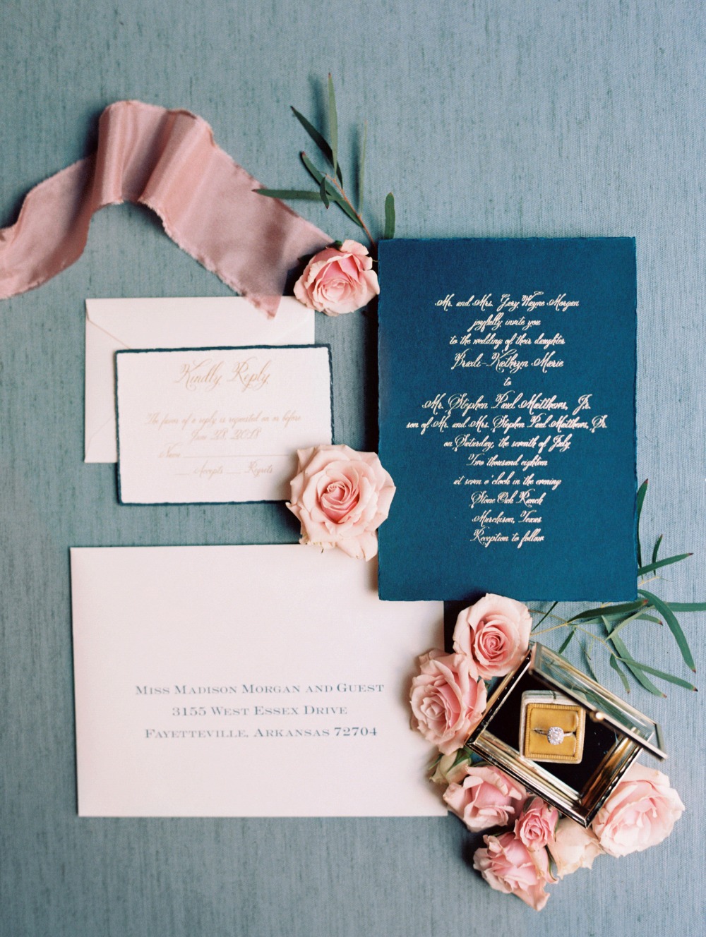 Navy and blush invitation suite