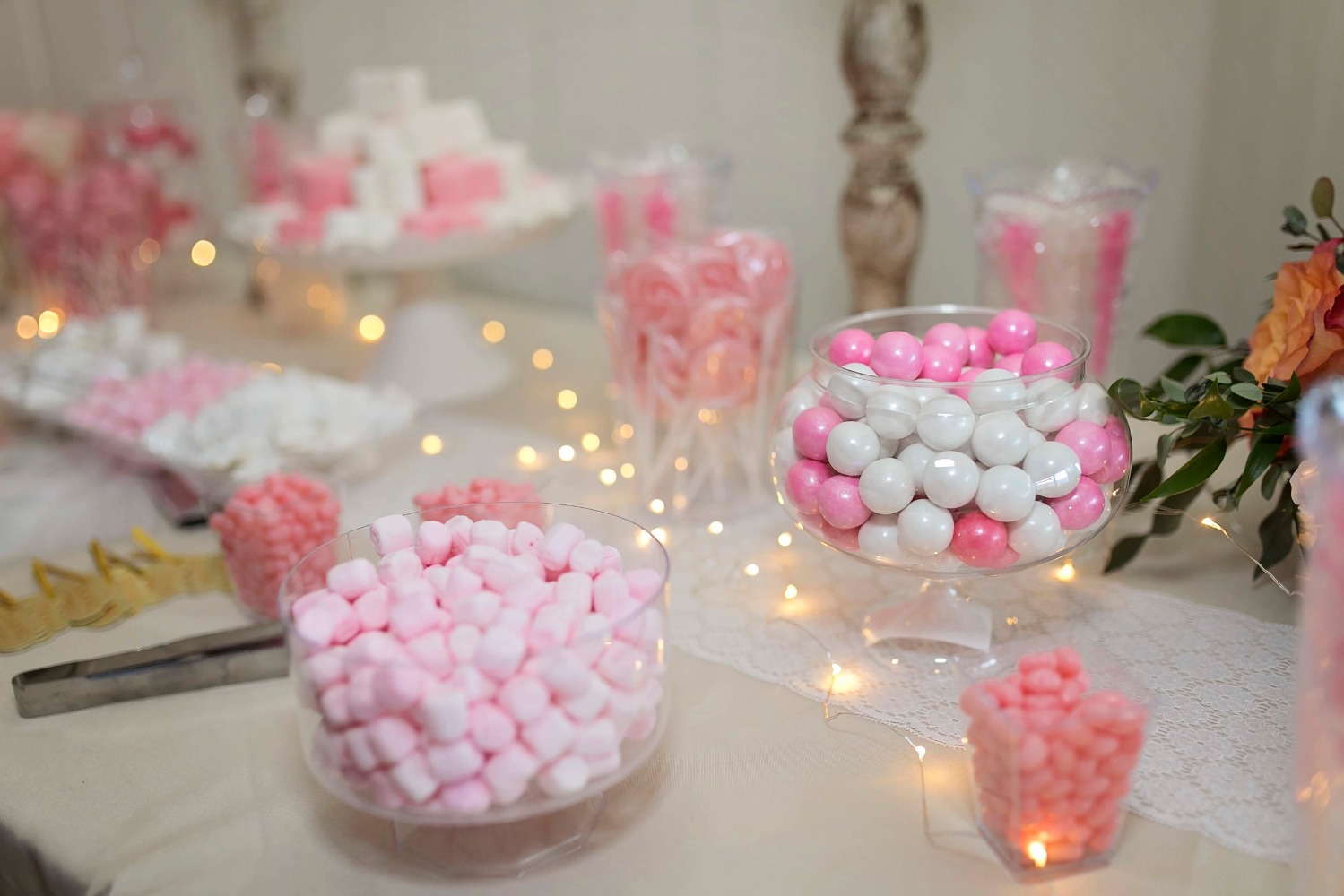 white and pink wedding candy bar