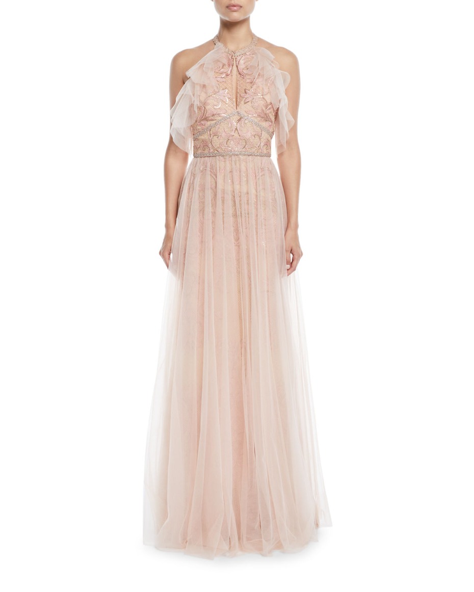 Marchesa Notte Embroidered Halter Tulle Gown