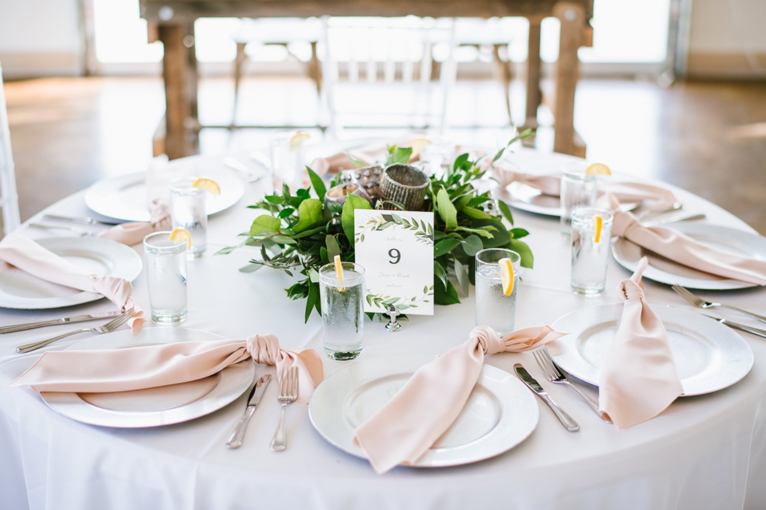 wedding table setting in blush and silver
