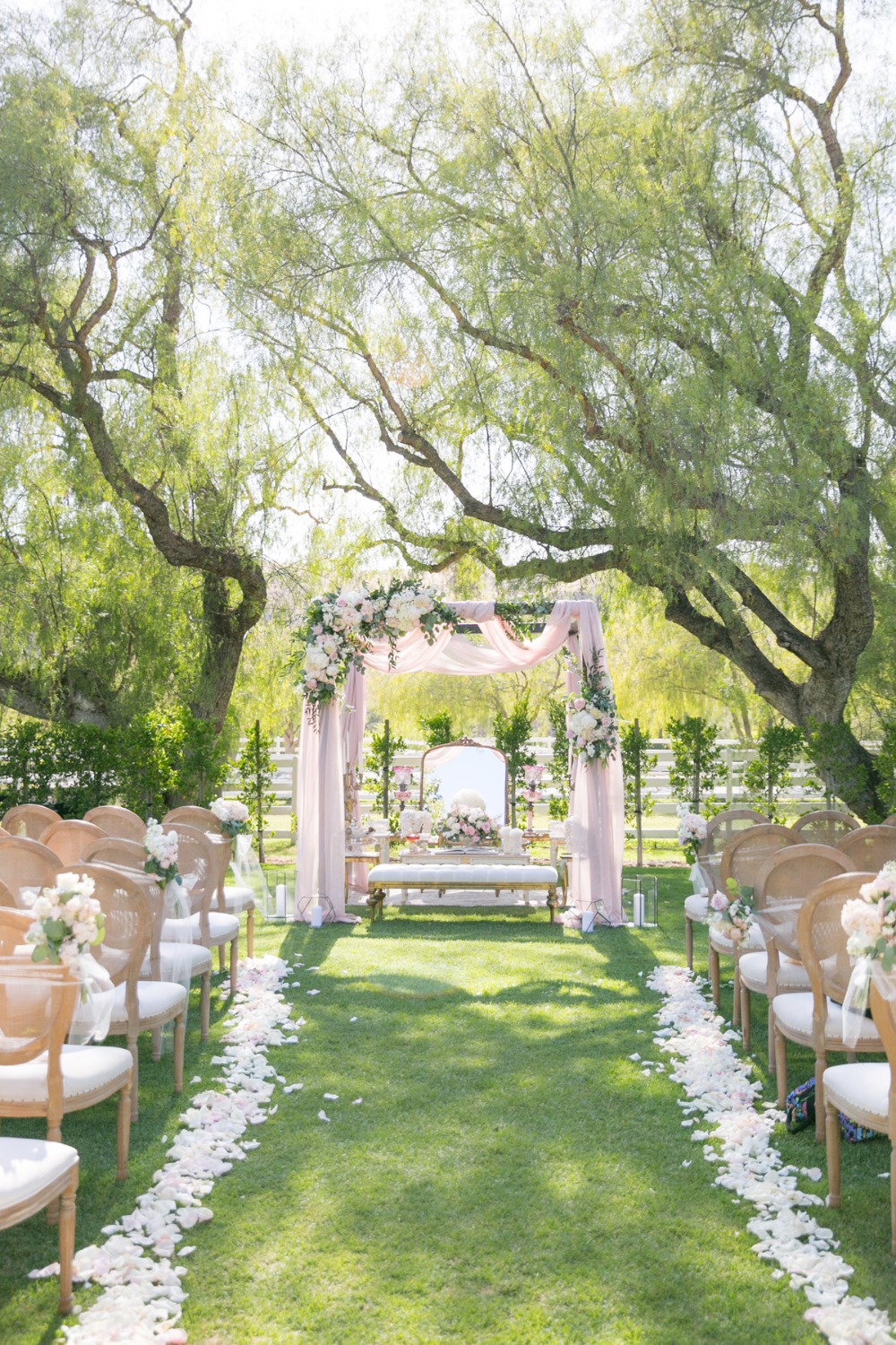 wedding ceremony decor in pink and white